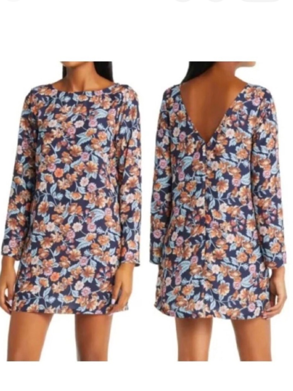 Halogen Navy Long-Sleeve Floral Shift Dress with Brown, Pink & Light Blue Accent